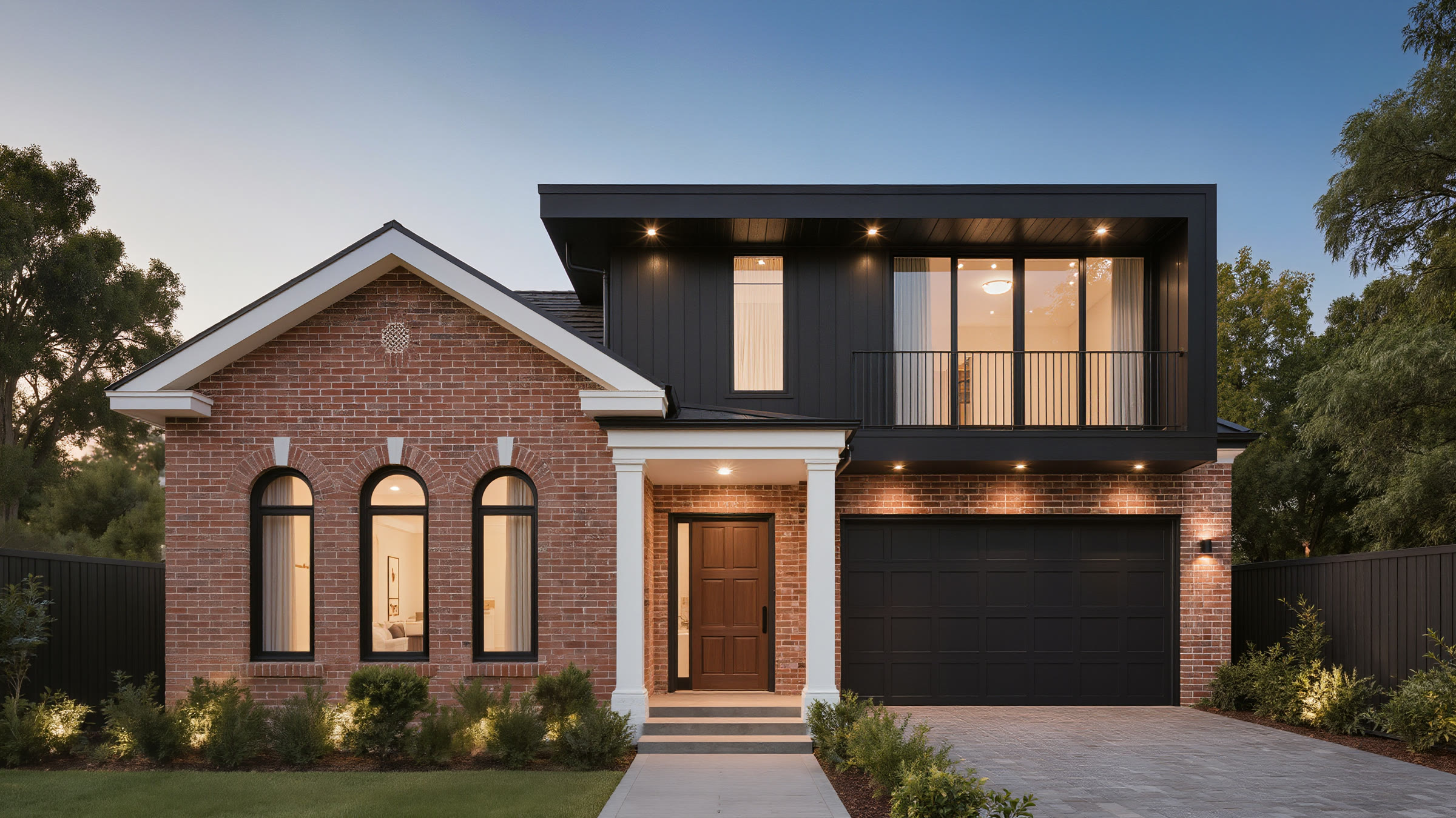 A red-brick bungalow carrying a dark new upper storey, windows lit at dusk and a balcony above the garage.