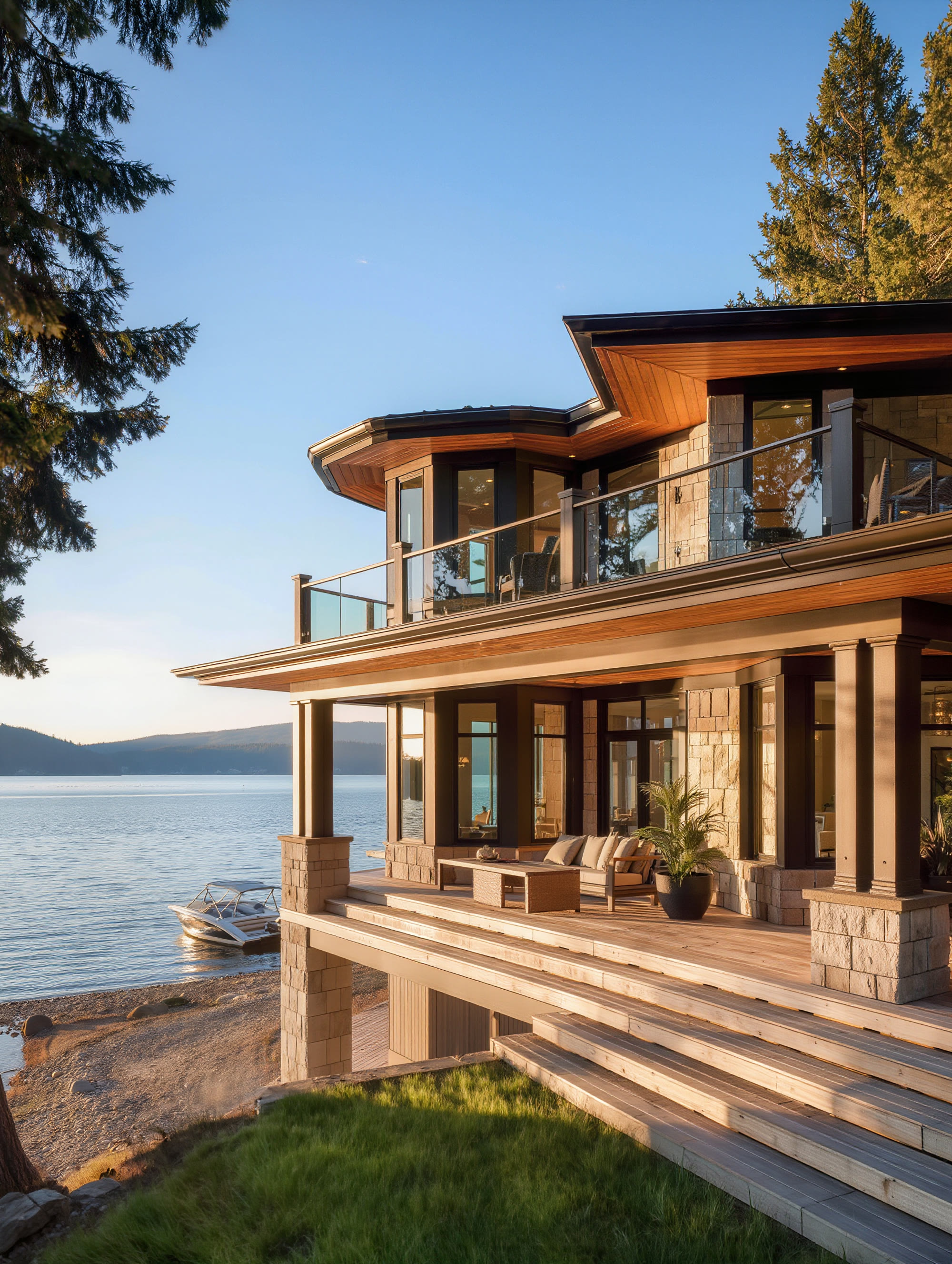 Timber and stone at the water's edge in evening light, a deep covered porch and wide steps down to the shore.