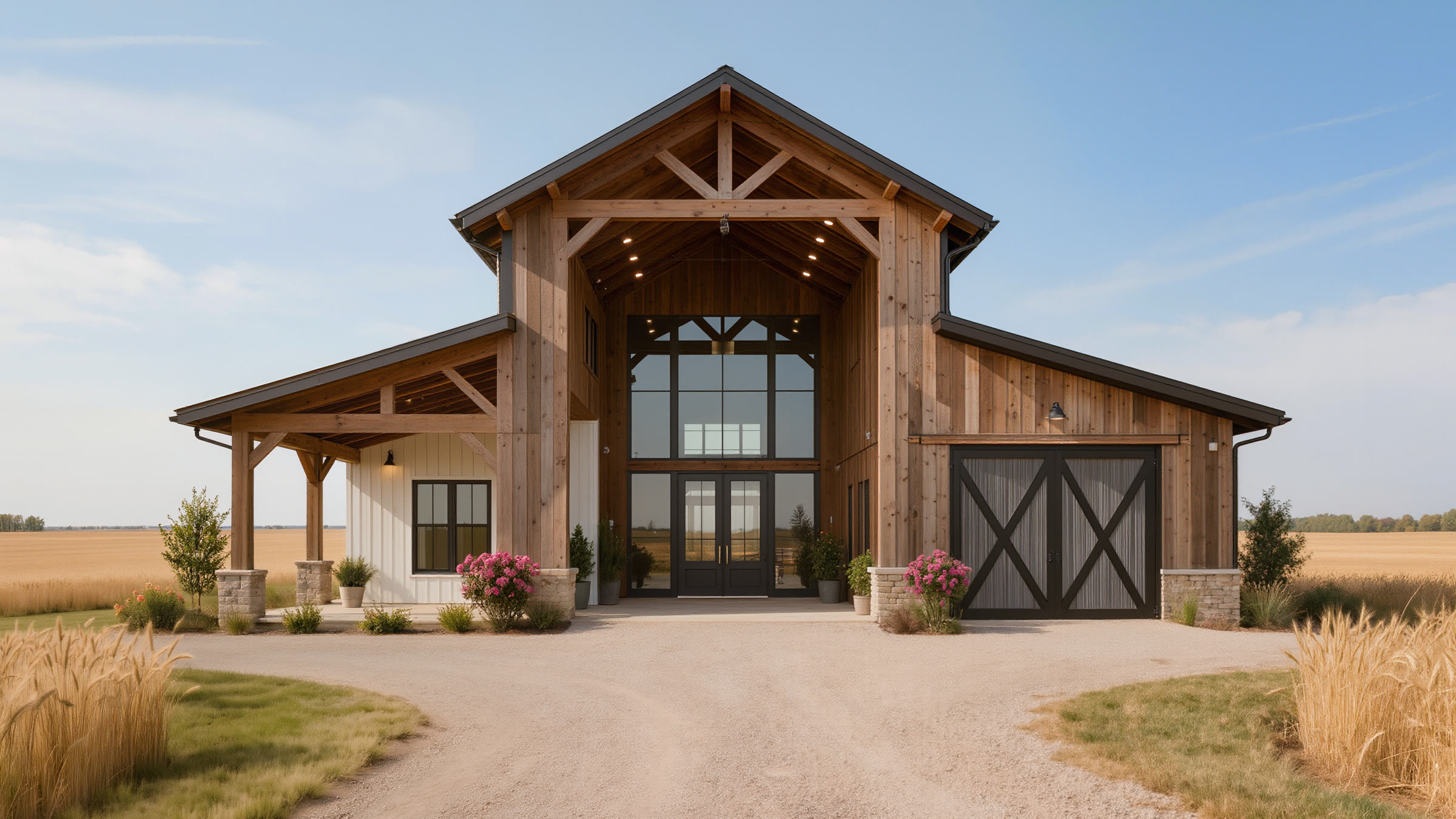 A converted barn in board-and-batten timber, glazed across the centre where the doors were, wheat either side of a gravel drive.