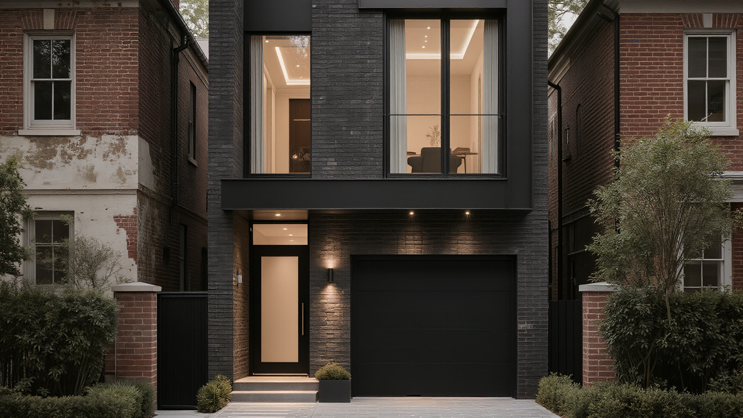 A narrow dark-brick infill house wedged between two older red-brick neighbours, a tall glazed slot above the door and a cantilevered upper bay.