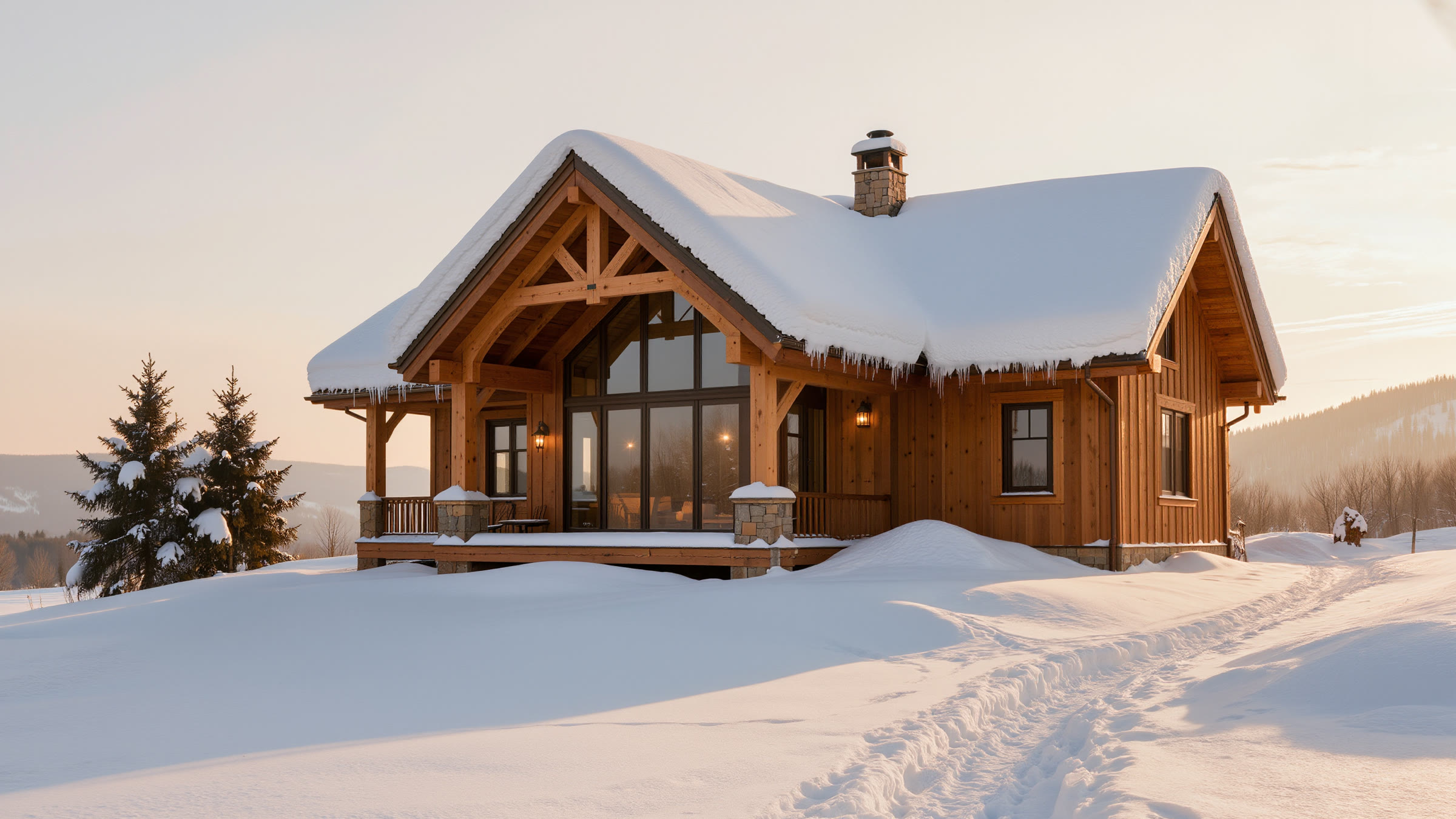 A timber-frame house under deep snow, low winter sun across the boards and a steep gable over the porch.