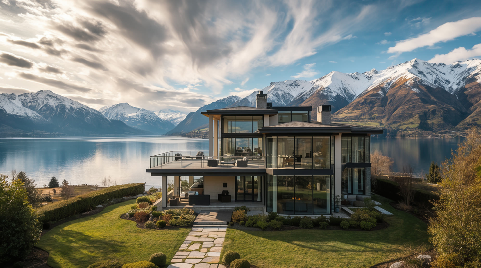 Glass and pale stone stepping down to a lawn above still water, with snow on the far peaks.