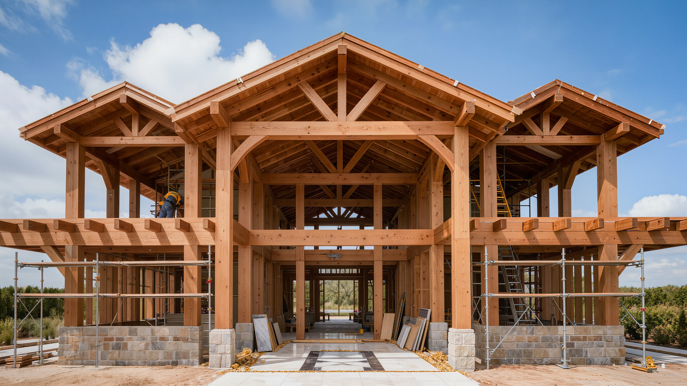 A heavy timber frame standing open at the framing stage, scaffolding to both sides and trusses up against a clear sky.